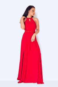 Front view of dynasty 1013015 prom dress in red on the model.