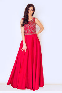 Front view of dynasty 1013032 prom dress in red on model.