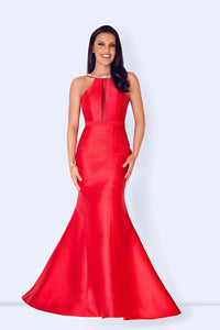 Model wearing dynasty 1023216 prom dress in red.