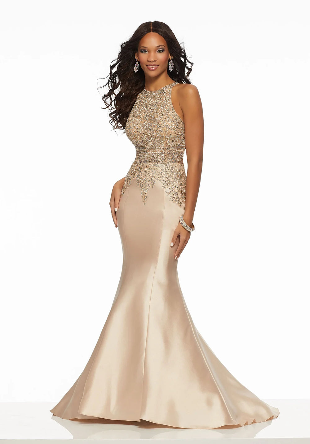 Front view of the Morilee 43069 Prom Dress Champagne