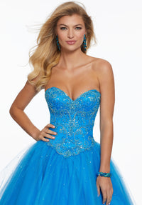 Detail front view of the Morilee 43140 Blue Prom Dress