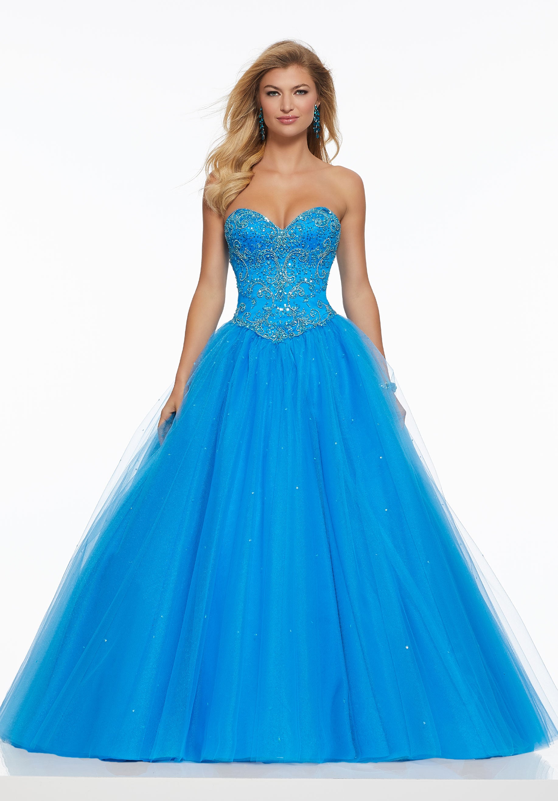 Front view of the Morilee 43140 Blue Prom Dress