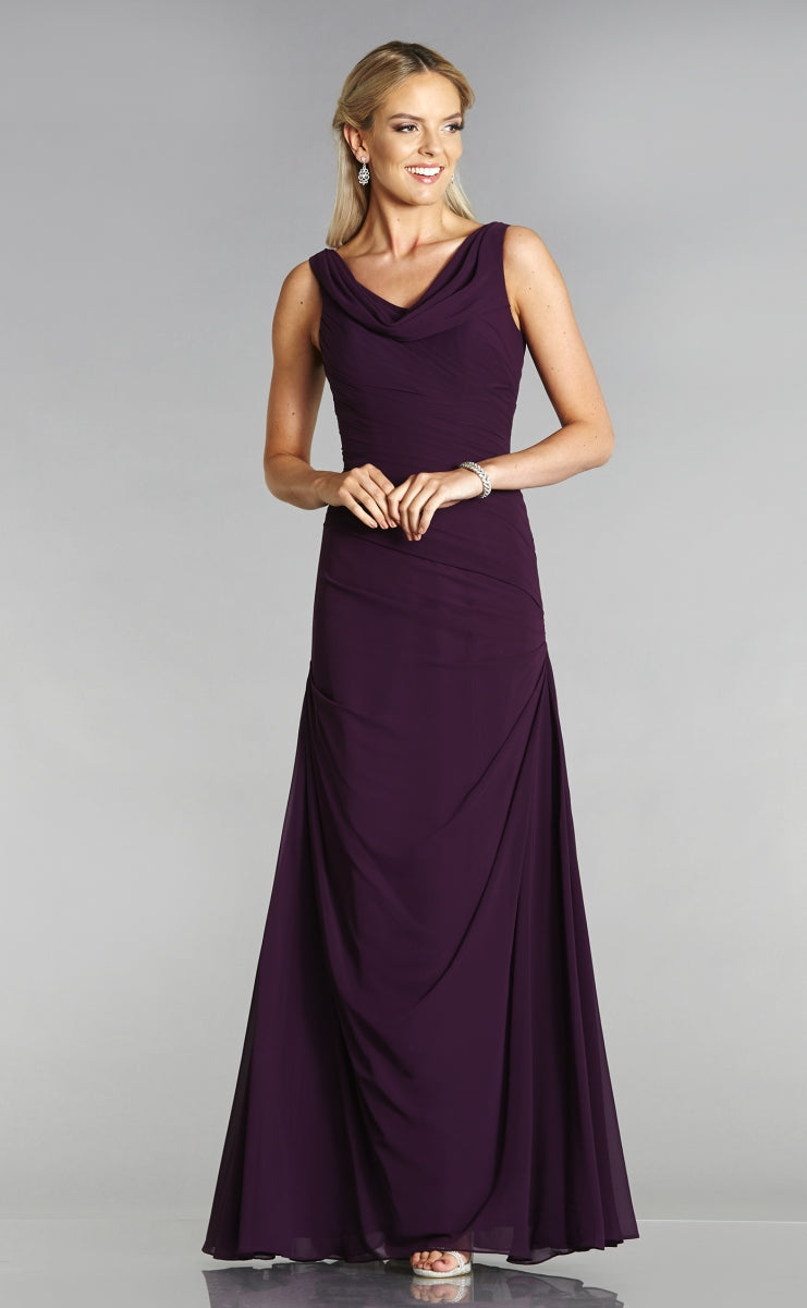 Front view of Tiffanys Drew prom dress in plum wtih cowl neckline.