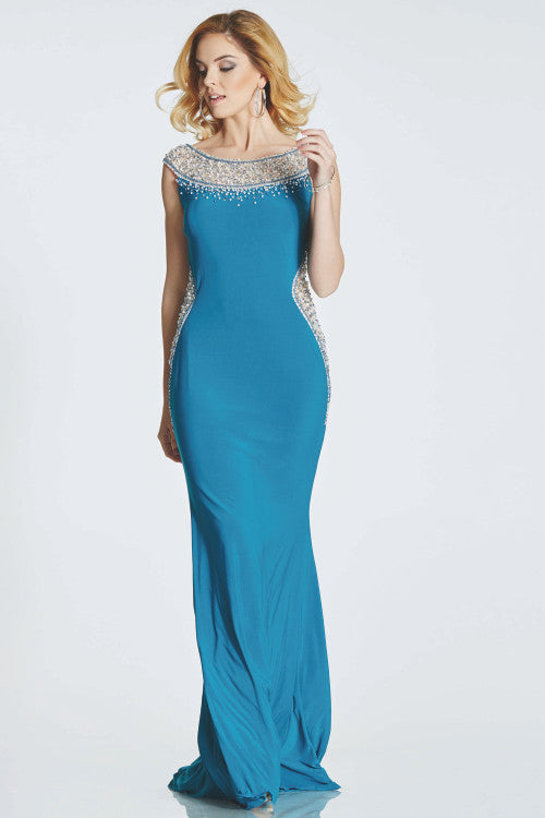 Front view of Tiffanys Izzy prom dress in teal with high beaded neckline.