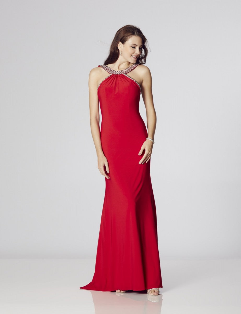 Front view of Tiffanys Paula prom dress in red.