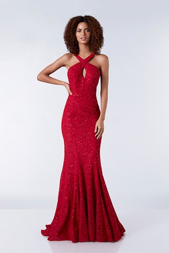 Front view of Tiffanys Valentina fit-and-flare prom dress with crossed halter neck. 